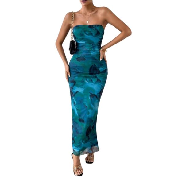 Printed Strapless Bodycon Side Slit Mesh Layered Dress, sz xs, 4H-143D017 - Picture 1 of 2